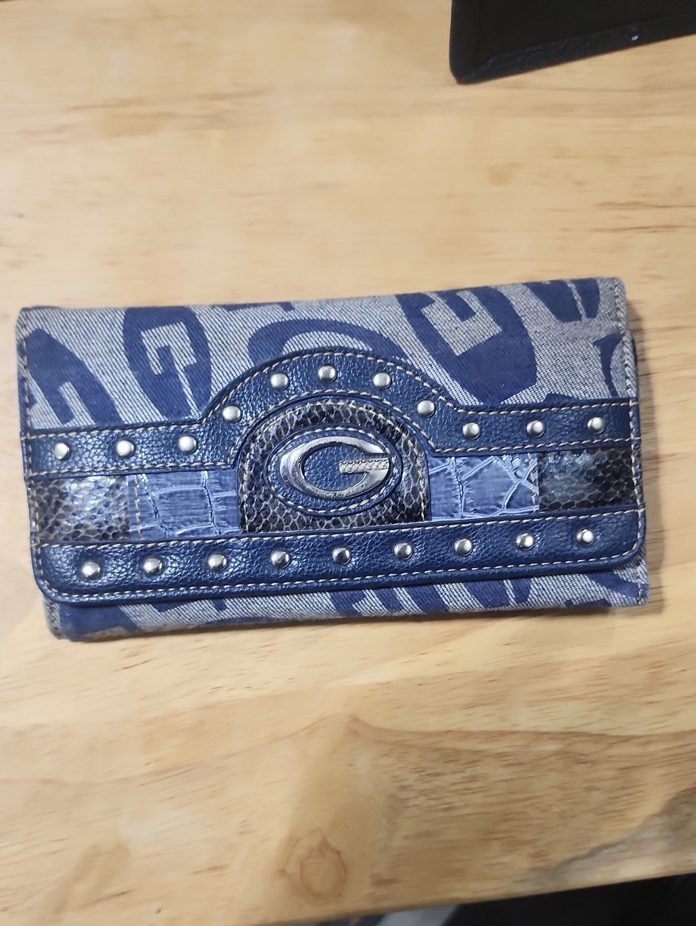 Guess Blue Printed Denim and Navy Studded Wallet